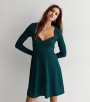 New Look Dark Green Ribbed Sweetheart Neck Long Sleeve Twist Front Mini Dress